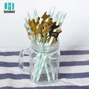 Joinhot Golden Deer Paper Straws Light Green Striped 12 Piece Set Disposable Party Decorations - Product Image 1