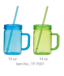 Reusable <b>Plastic</b> Mason Jar Cup With Straw 14 Oz Blue Green Retro Design For Outdoor Camping Adults TF-7007 - Product Image 1