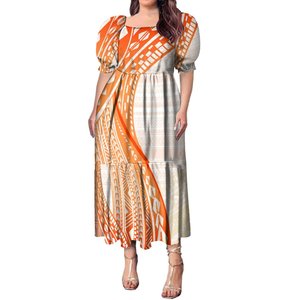 Abito Lungo Casual Elegante OEM Personalizzato <span class=keywords><strong>con</strong></span> Collo Quadrato, Maniche a Volant e Vita Alta, <span class=keywords><strong>Vestito</strong></span> Midi Polinesiano Plus Size per Donne - Product Image 5