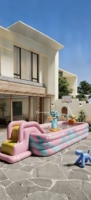 Piscine gonflable rose avec parasol et toboggan, grande, pliable, en PVC, pour usage intérieur et extérieur, pour adultes et enfants.