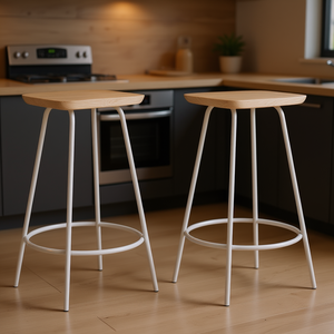 Juego de 2 taburetes de bar de madera blanqueada con estructura de metal blanco, diseño moderno y minimalista para uso en bares - Product Image 2