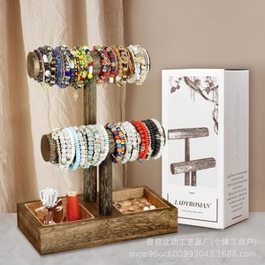 Organizador de joyas de madera de 2 niveles con barra en T, soporte para pulseras con compartimento y soporte acolchado para anillos para almacenamiento en escritorio. - Product Image 4