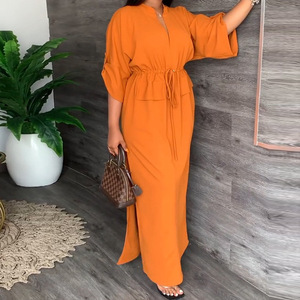 Robe à col montant, col en V, manches longues, <span class=keywords><strong>orange</strong></span>, taille plus, avec cordon de serrage, pour femmes musulmanes, robes nigérianes, élégante - Product Image 1
