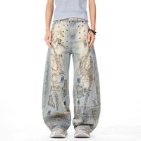 En gros Jeans baggy pour hommes en denim épais délavé effet boue, coupe large, brodés, style urbain, déchirés et usés