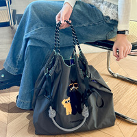 Sac à main tendance de marque avec motif brodé chaton de dessin animé, sac de shopping moyen en tissu Oxford et nylon, fermeture ouverte, idéal pour le quotidien