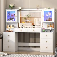 Coiffeuse moderne en bois durable WenFeng pour chambre à coucher avec miroir, lumières LED, 8 tiroirs, 2 armoires vitrées et station de charge (Blanc, largeur 62 po)