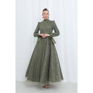 Robe de soirée en satin ornée de paillettes pour femmes avec détail de manchette - 17014ELB - KHAKI - Product Image 1