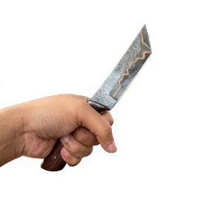 Cuchillo de Hoja Fija de Acero Damasco y Cobre Forjado a Mano, Mango de Madera, Personalizable, Punta de Gota, Fácil de Transportar, para Caza, Camping y Supervivencia - Product Image 2