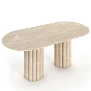 Roman Column Legs Travertine Dining Table For 6-8 People