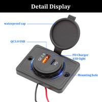 Soket pengisi daya mobil DC 12V 24V, soket Bus Port USB PD QC 3.0 Tipe ganda 48W pemasangan permukaan Panel