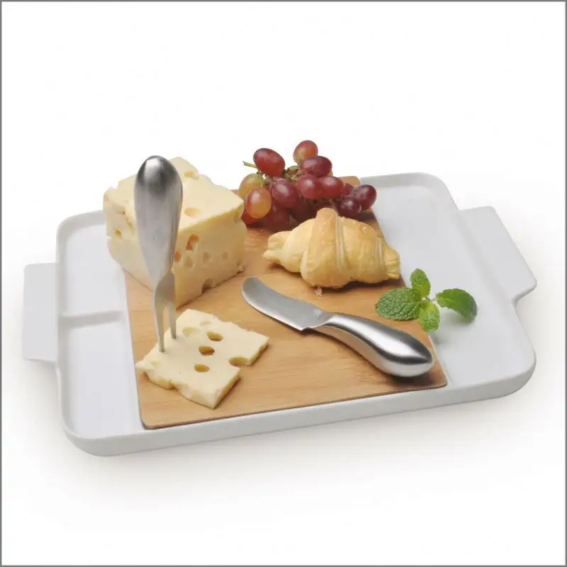 Wedding Gifts Natual Wooden Cheese Cutting Board White Ceramic Bamboo Cheese Board With Knives Set