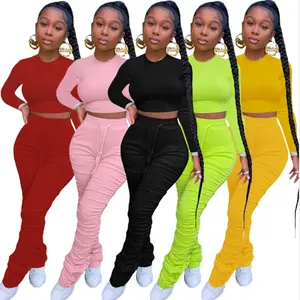 5 रंग महिलाओं लंबी आस्तीन फसल शीर्ष खड़ी पैंट सेट ठोस रंग 2 टुकड़ा आउटफिट