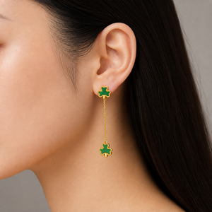 Pendientes Largos de Cadena con Trébol Verde, Acero Inoxidable, Chapado al Vacío en Oro de 14K, Esmalte, Joyería Colgante - Product Image 3