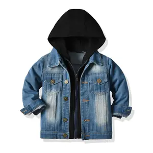 Primavera False 2-piece Denim Hoodie Jaquetas meninos Crianças Jean Luz Jaqueta Outerwear Denim Casacos para meninos