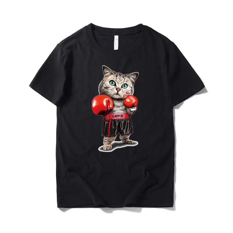 Camiseta de algodão para meninos, camiseta estampada meia manga curta de desenhos animados estampada para gato