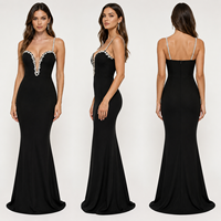 Robe de soirée sirène noire glamour à bretelles spaghetti, décolleté cœur, longue, pour femme, avec soutien-gorge intégré antistatique