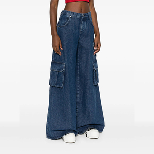 사용자 정의 로고 통기성 다크 섹시 로우 와이드 레그 여성용 청바지 포켓 캐주얼 스트리트웨어 - Product Image 2