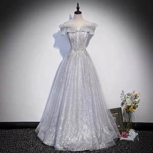Grey Off The Shoulder Ball Gown Evening Dress With Ruffles Embroidered Organza Natural Waistline For Banquets And Performances - Product Image 1