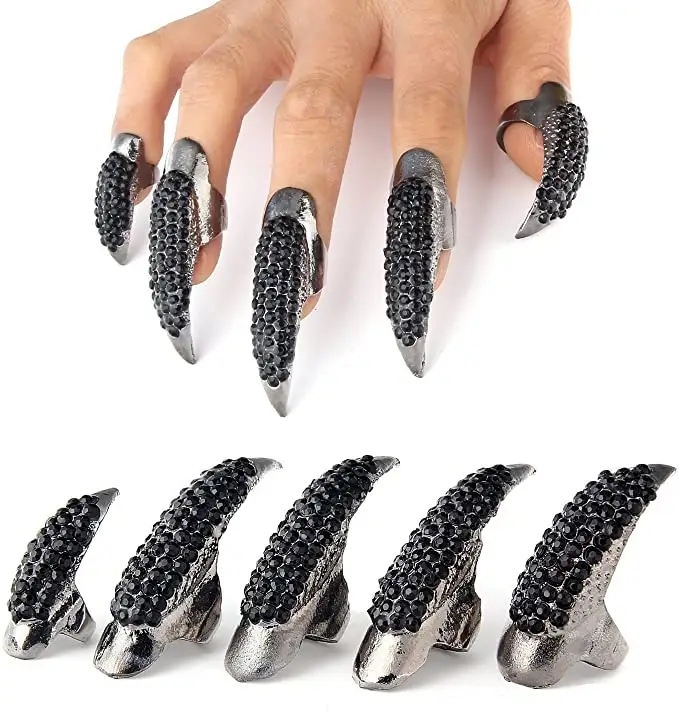 Gothic Punk 3 Sizes Crystal Full Finger Rings Gold Fingernail Claw Halloween Costume Claws Nail Ring