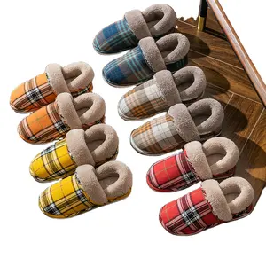 2024 Women Home Indoor Slippers Warm Plush Fur Winter Home Slippers Men Platform Classic Plaid House Shoes Super Comfort