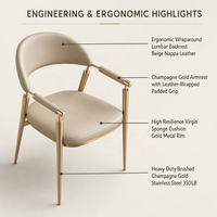 Chaise de salle à manger en cuir pleine fleur avec accoudoirs, chaise de luxe légère pour le thé et les réceptions, chaise à dossier en acier inoxydable pour balcon et loisirs