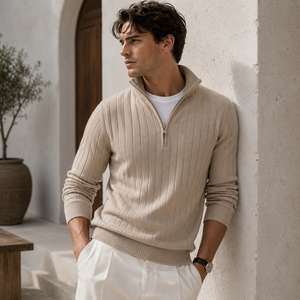 Suéter de punto ligero de lujo con cremallera de un cuarto para hombre, estilo Old Money, informal, para otoño e invierno - Product Image 1