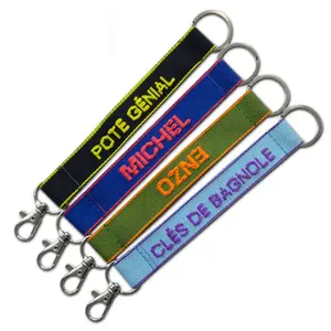 Customized name key ring with woven strap jacquard woven short lanyard for keychain holders