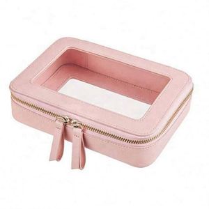 Bolsa de Maquillaje Transparente de Gran Capacidad, Estuche Cosmético Portátil de Cuero PU, Ventanas Transparentes de TPU, Cierre de Cremallera, Organizador Práctico - Product Image 1