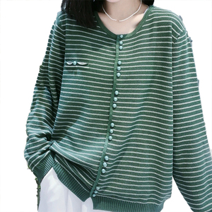 Cardigan en tricot de coton pour femme, style printemps-automne, rayé, polyvalent, décontracté, couleur contrastée, veste rétro, pull décontracté - Product Image 2