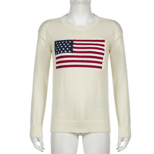 Pull tricoté à col rond avec drapeau américain et ourlet côtelé Vente en gros OEM/ODM Mélange de laine personnalisé Intarsia Knitwear Causal Women Pullover - Product Image 5