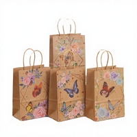 Sacs cadeaux en papier kraft avec poignée de longueur de main, motif fleurs et oiseaux, pour l'emballage de vêtements, jetables