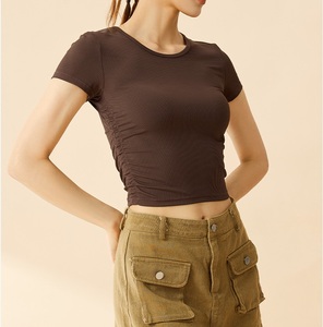 Haut de yoga côtelé pour femme, manches courtes, col rond, t-shirt d'entraînement ajusté, séchage rapide, extensible, pour le fitness - Product Image 2