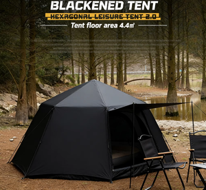 Tente hexagonale de camping en plein air noire, tente de camping familiale hexagonale automatique, tente hexagonale noire avec auvent - Product Image 5