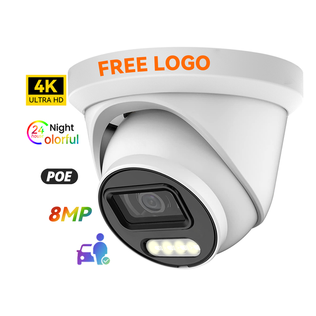 Outdoor Waterproof IP 66 Security Camera 8MP 4K POE Colorful Night Vision Two Way Audio Turret CCTV CMOS Perimeter Detection