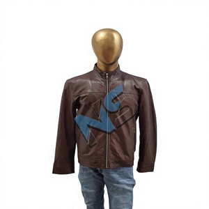 Men's Genuine Cowhide Leather Motorcycle Racing Bomber <b>Jacket</b> Brown Stand Windproof <b>Slim</b> <b>Fit</b> Casual Solid Pattern Zipper Front - Product Image 1