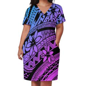 Robe grande taille à imprimé tribal polynésien pour femmes, col en V, manches courtes, robe à poches, dégradé violet-bleu, robe florale décontractée d'été - Product Image 1