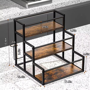 Ironwork Multi Tiered <b>Storage</b> <b>Rack</b> 3 Floors Wooden Desktop Organizer For Kitchen Spice And <b>Bottle</b> Display - Product Image 3