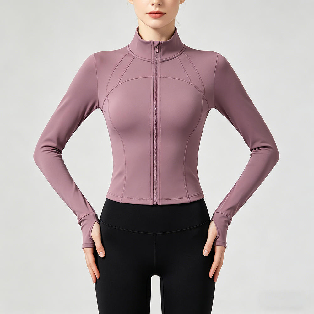 Women Zip up Stand Collar Thumb Hole Jacket Curved Seam Slim Cropped Top Soft Stretch Yoga Running Fitness Athletic Coat