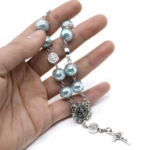 2024 Komi Glass Faux Blue Pearl Rosario Pulseras de perlas de vidrio con Maria <span class=keywords><strong>Center</strong></span> y Mini Benedict Cross Bracelet - Product Image 5