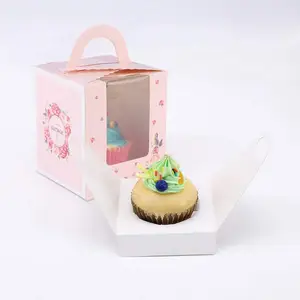 Pencere ekleme ve düğün için pasta kapları kekler kutuları kolu ile tek Cupcake kutuları pembe Cupcake kutusu