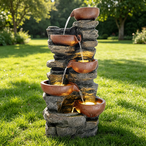 Fuente de Agua en Cascada con Cinco Cuencos de Cobre y Piedra de Pizarra Apilada para Jardín y Césped, Decoración al por Mayor - Product Image 1