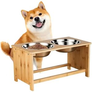 Soporte Elevado para Comida de Mascotas de Bambú con Doble Plato de Acero Inoxidable para Perros y Gatos - Product Image 2