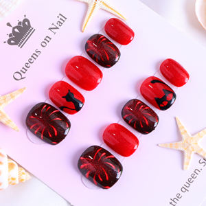 Uñas postizas de lujo acrílicas rojas cortas tipo ataúd, hechas a mano, con cobertura completa, con pedrería de estrellas, precio de fábrica al por mayor - Product Image 3