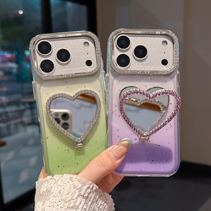 Lüks TPU Darbeye Dayanıklı Kalp Aynalı Elmas Simli Gradyan Telefon Kılıfı, 12-17 Pro Max için, 6 Renkli Bling Yüzük Tutucu ile - Product Image 5