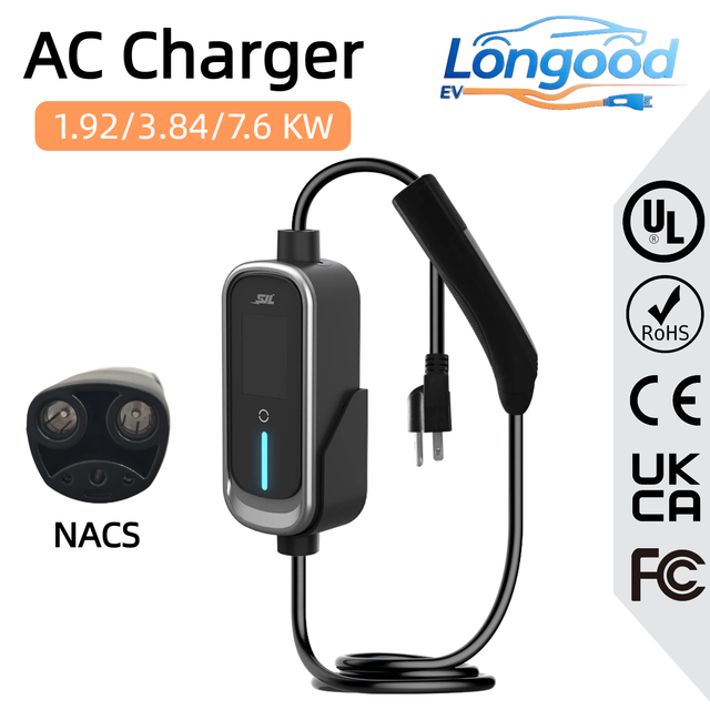 NACS Factory Price Portable AC EV Charger LED Light LCD Screen 240V 1.92KW 3.84KW 7.6KW