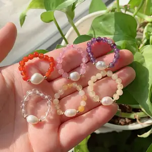 Reiki Healing Natural Gems Stone Finger Rings Stackable Rice Pearls Real Agates Quartz Crystal Knuckle Rings Party Lovers