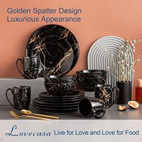 LOVECASA Assiettes et bols noirs pour 4 personnes, Service de table en porcelaine 16 pièces, Ensemble de vaisselle en céramique avec glaçure dorée, Assiettes rondes