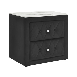 Mesa de Noche Negra con Tapicería de Tela, Superficie de Imitación Mármol, Dos Cajones, Mueble de Madera para Dormitorio - Product Image 2