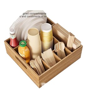 Wooden Cutlery <b>Storage</b> <b>Box</b> Rectangular Portable Picnic Organizer For Outdoor <b>Camping</b> Utensil Set With Plate And Cup Holder - Product Image 2