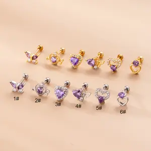 Fine jewelry ear piercing jewellery purple zircon butterfly heart stainless steel body helix industrial piercing jewelry